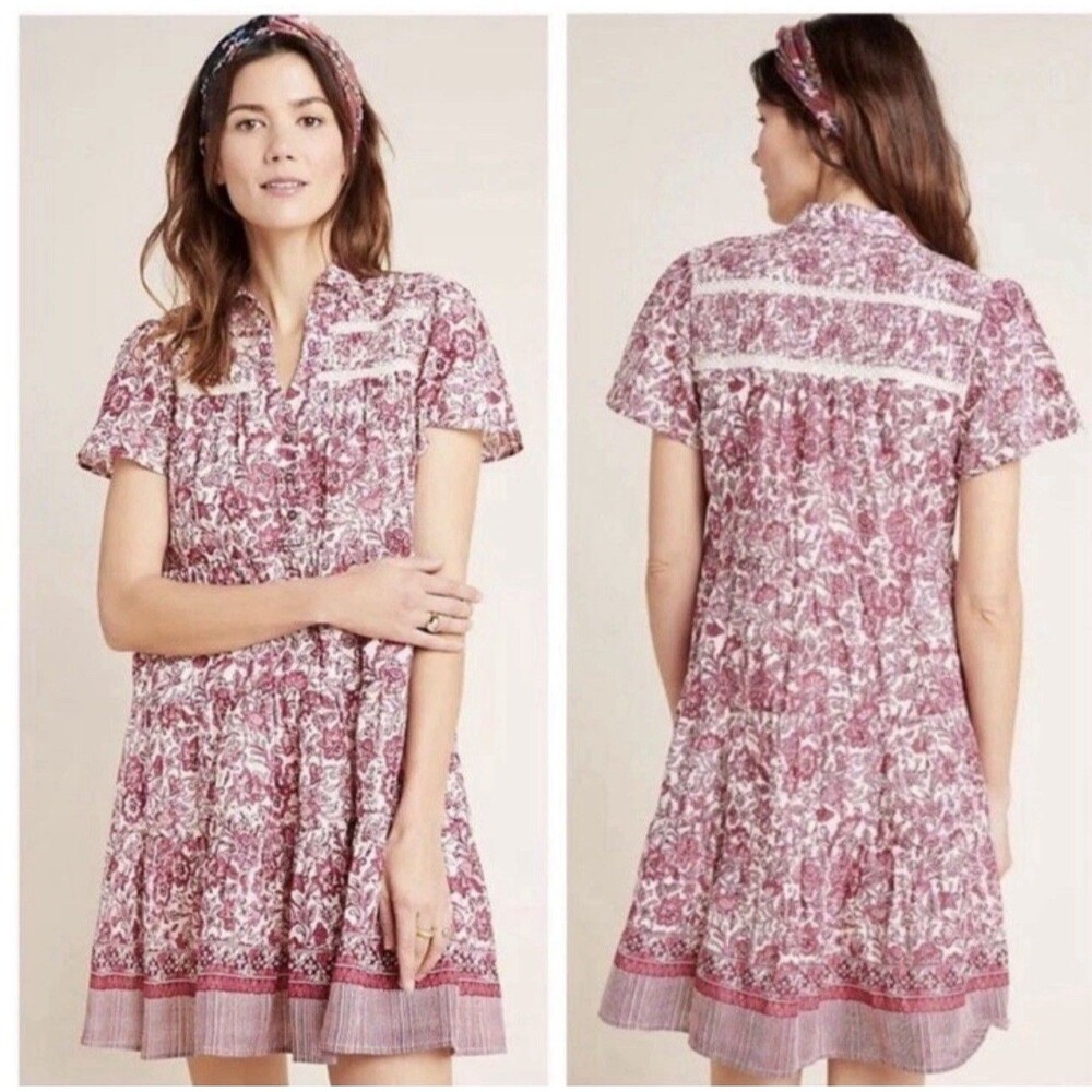 Anthropologie Georgina Shirtdress XSP Tiered Floral Pockets Boho Cottage Whimsy